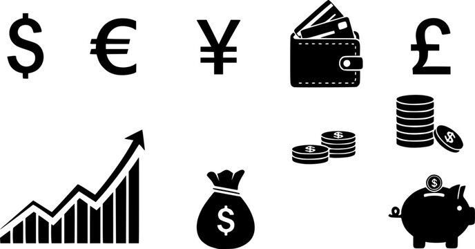 black Finance icons. Business Icons, money signs. Money silhouette collection. Wallet with cards icon. Coins silhouette icon. Growth chart. Moneybag or stash. Piggy bank flat style - stock vector