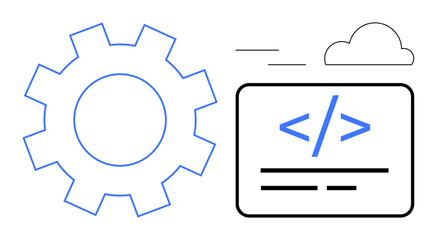 Obraz premium Software development, cloud computing, technological progress, programming, data processing, system integration. Gear and code block icon with a cloud element. Software development and cloud