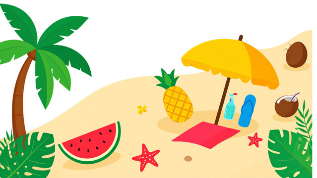 Summer beach doodle elements with watermelon pineapple starfish umbrella camera and tropical accessories vector set