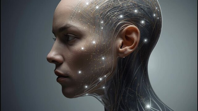 Futuristic woman profile with glowing synapse neural circuitry and serene cyborg portrait