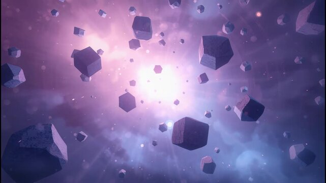 Mystical asteroid cube field floating rock cubes in purple and blue nebula glowing light