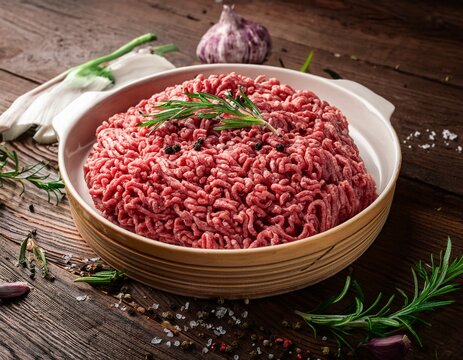 raw ground mutton seasoned with herbs on a wooden background food preparation safety