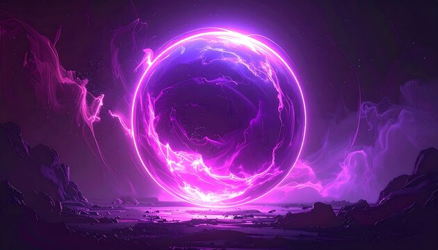 A glowing purple orb emitting vibrant lightning-like energy in a dark fantasy landscape
