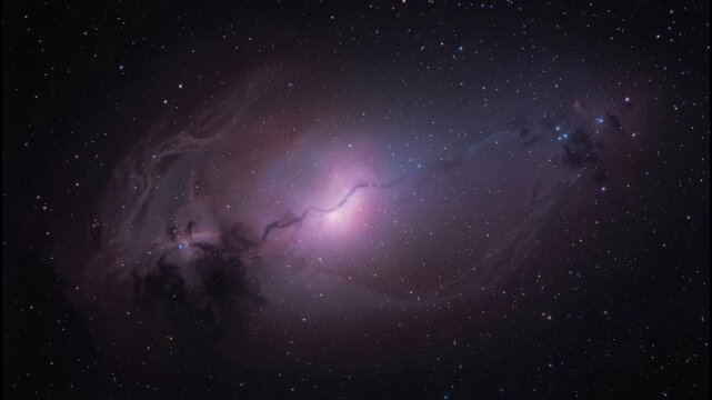 Mystical purple nebula with dark dust lanes glowing in starfield cosmic haze and distant stars