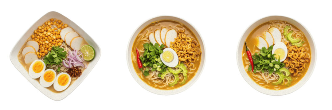 set of Traditional Burmese Khao Pyu Noodles or Mohinga Food Transparent Background PNG
