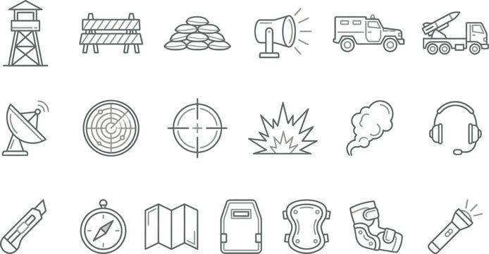 Collection of military and security operation line icons featuring tactical equipment and defense structures.