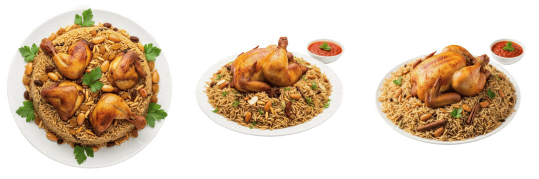 set of Traditional Saudi Arabian Kabsa Chicken and Rice Food Transparent Background PNG