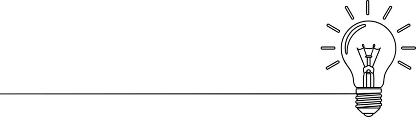 Continuous One Line Drawing of Glowing Light Bulb Vector, Minimalist Idea Concept Art, Creative Innovation Symbol with Long Horizontal Line for Text Placement