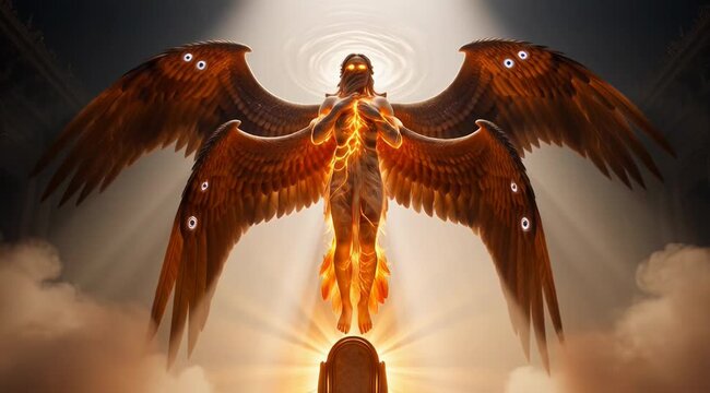 Ethereal Seraphim Throne Angel Multiple Wings Eyes Golden Glow Fantasy, Mystical Angel with Six Wings Halo Eyes Surrounding Throne Heavenly, Fantasy Biblically Accurate Angel Glowing Wings Halo Divine