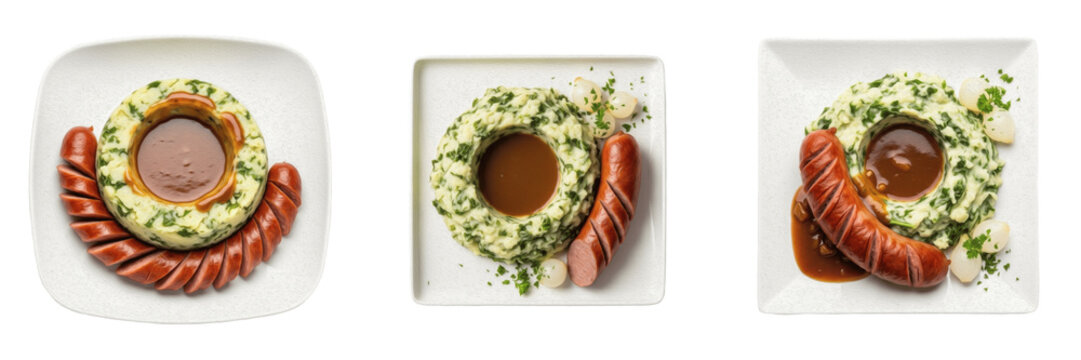 set of Traditional Dutch Stamppot with Rookworst Sausage Food Illustration Transparent Background PNG