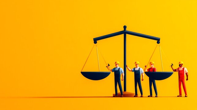 economic justice concept, group of workers holding symbolic balance scale, fair pay metaphor