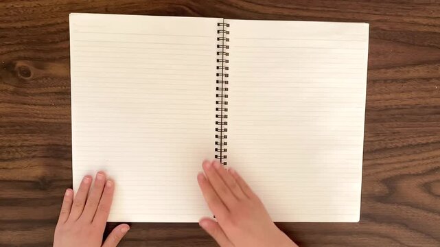 Hand gently touching and smoothing a notebook on a desk, calm and minimal moment, no audio