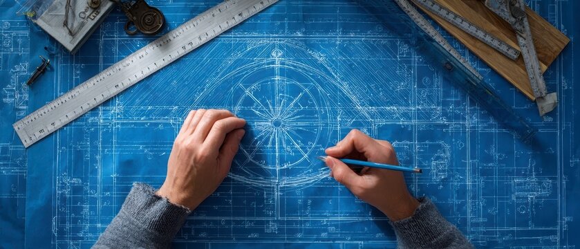 Precision on Blueprints: Meticulous hands bring design to life, as a technical drawing unfolds on a blueprint. A close-up view accentuates the focus and creativity within architecture and engineering