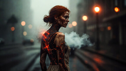 A woman glows with fiery patterns amidst a rainy cityscape. She appears haunted, gazing into the distance.