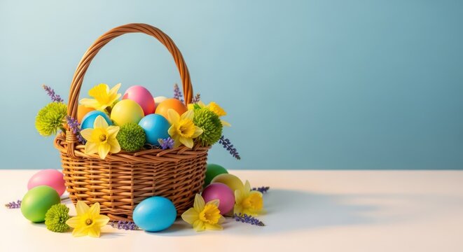 Ester sunday celebration with colorful easter eggs and flowers in a wicker basket