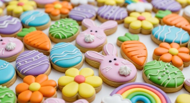 Easter sunday cookies decorated with easter eggs bunny carrots flowers and rainbow for spring festivities