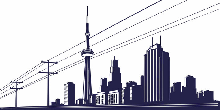Skyline of a modern city with iconic tower and electrical lines in the foreground