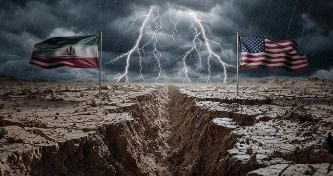 Dramatic lightning storm over cracked earth with Iranian and American flags.
