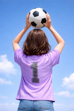 Chica joven de espaldas levantando pelota de f&uacute;tbol
