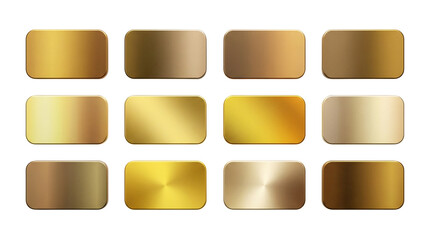 Set of 12 Gold Metallic Gradient Swatches and Textures isolated PNG with Transparent Background