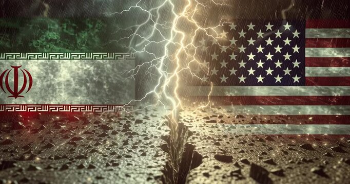 Conceptual image of conflict and division between Iran and the United States with flags and lightning.