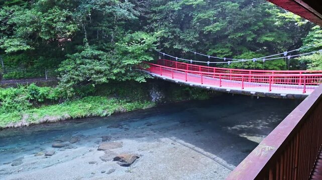入り口に架かる赤い橋、展望デッキから望む清流と新緑
「緑の奥へと誘う、鮮やかな一筋の赤。ここから、水の旅が始まる。」
熊本県菊池市(菊池渓谷)
A red bridge over the entrance, and a clear stream and fresh greenery seen from the observation deck.