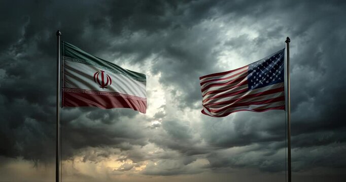 Dramatic cloudy sky with Iranian and American flags waving side by side.