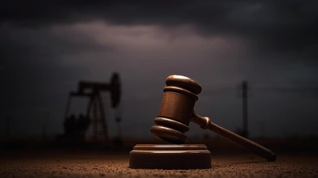 Wooden gavel with oil pump jack silhouette in background at dusk.