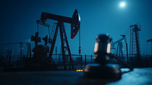 Oil pump jack operating at night under moonlight in industrial oil field.