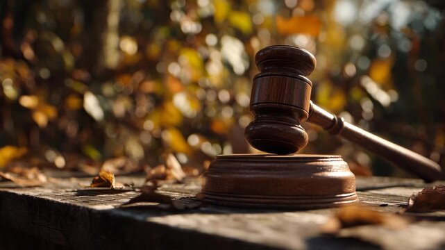Wooden gavel and sound block placed on autumn leaves symbolizing justice and law.