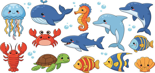 Cute Cartoon Sea Animals Set with Dolphin, Whale, Shark, Turtle, Crab, Jellyfish, Seahorse, and Tropical Fish for Kids Ocean Illustration Designs © salsabil