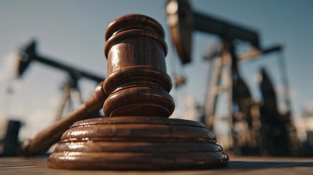 Wooden judge gavel with oil pump jacks in background symbolizing legal issues in oil industry.