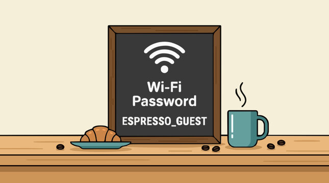 Pixel Art Cafe Scene With Wi-Fi Password Croissant and Coffee Cup On Wooden Table Against Light Yellow Wall