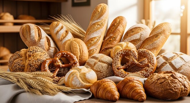 Assorted Fresh Breads Loaves Croissants Pretzels and Wheat on Rustic Table