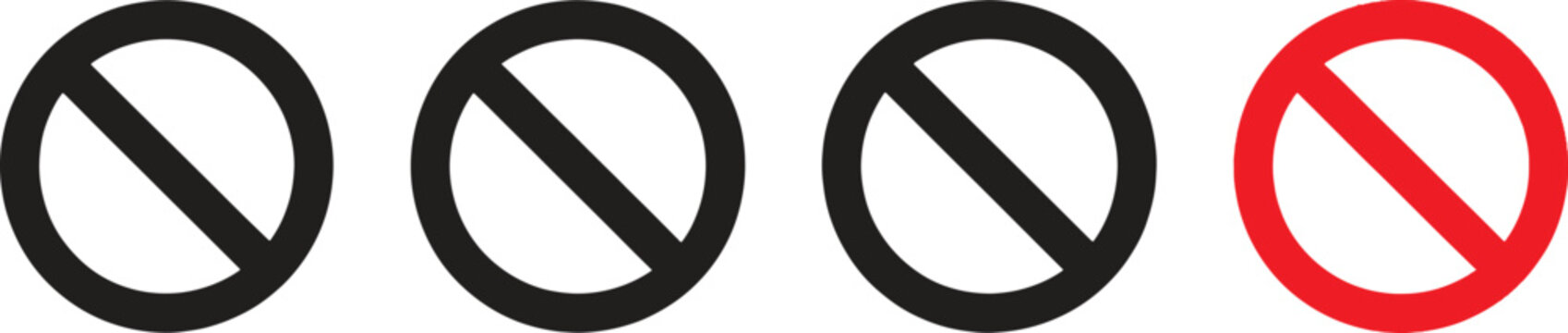 Four no entry signs in black and red on white background