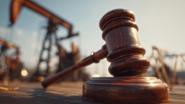 Wooden gavel with oil pump jack in background symbolizing legal issues in the oil industry.