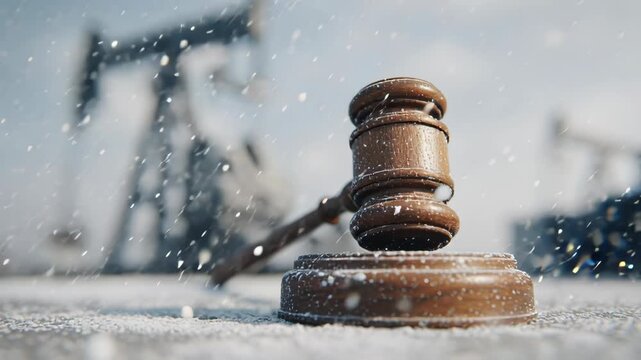 Wooden gavel with oil pump jack in background symbolizing legal issues in the oil industry.