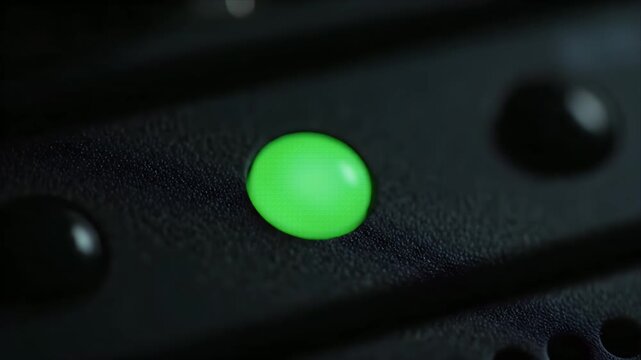 Close up on Dark Textured Surface with Illuminated Green Button and Dim Ambient Lighting
