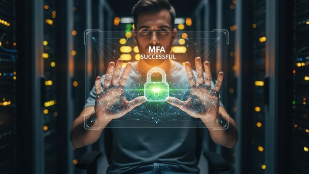 A focused, confident young male IT professional interacts with a sophisticated holographic user interface, showcasing a glowing green padlock and complex network visualization for multi-factor