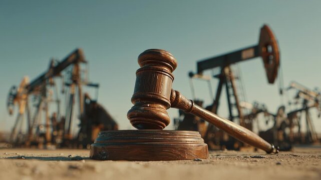 Legal gavel placed on ground in front of oil pump jacks at industrial site.