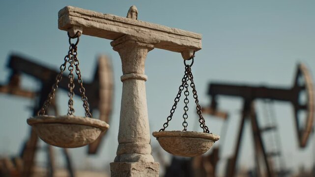 Rustic balance scale with oil pump jacks in background symbolizing justice and energy industry.