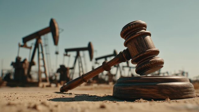 Justice and legal authority concept with gavel and oil pumpjack in desert.