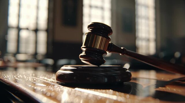 Wooden judge gavel resting on a legal book in a courtroom setting.