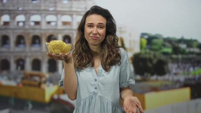 Young hispanic woman holds bowl of tortilla chips with a shrug gesture at the coliseum building; indifference.