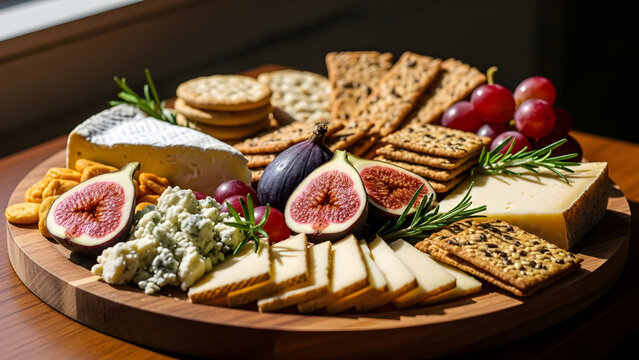 Gourmet Cheese and Fruit Platter with Crackers and Rosemary