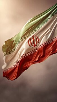 Close-up of Iranian national flag waving against a blurred background.