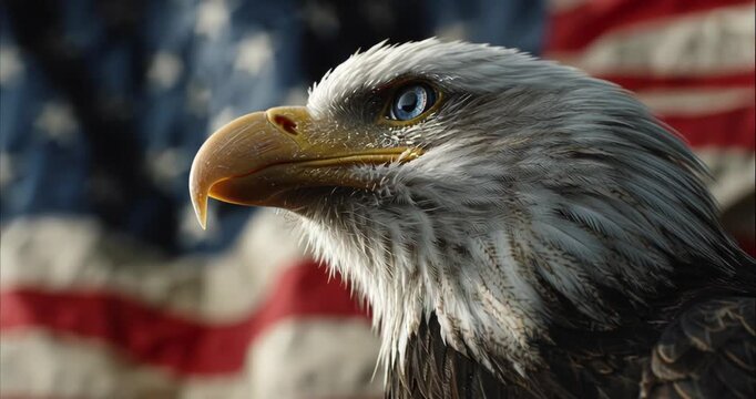 Close-up of a bald eagle with an American flag background.