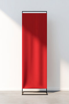 Minimal red vertical banner on a modern stand - perfect for advertising presentation, branding display, and event promotion design