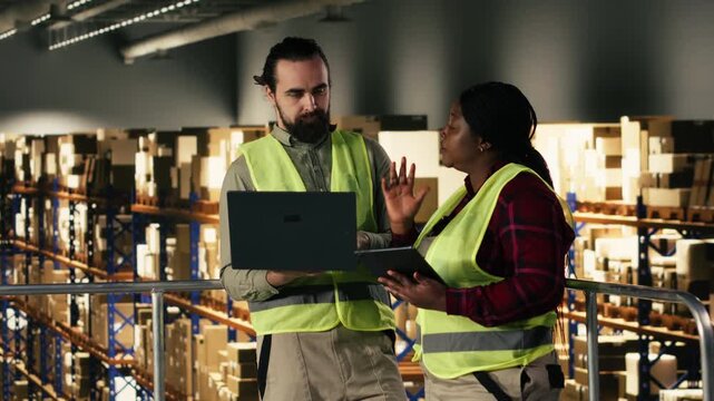 Diverse staff team, tracking technology, loading and unloading tasks, high visibility vests, laptop enables inventory control and parcel management. Organized shipping workflow for e-commerce.