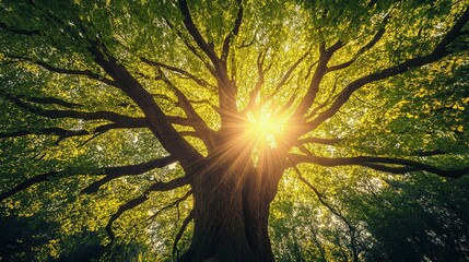 Fototapeta premium Sunlit Canopy: A majestic tree, its branches reaching skyward, forms a vibrant canopy as the sun's rays pierce through the leaves, creating a breathtaking display of light and nature's splendor.